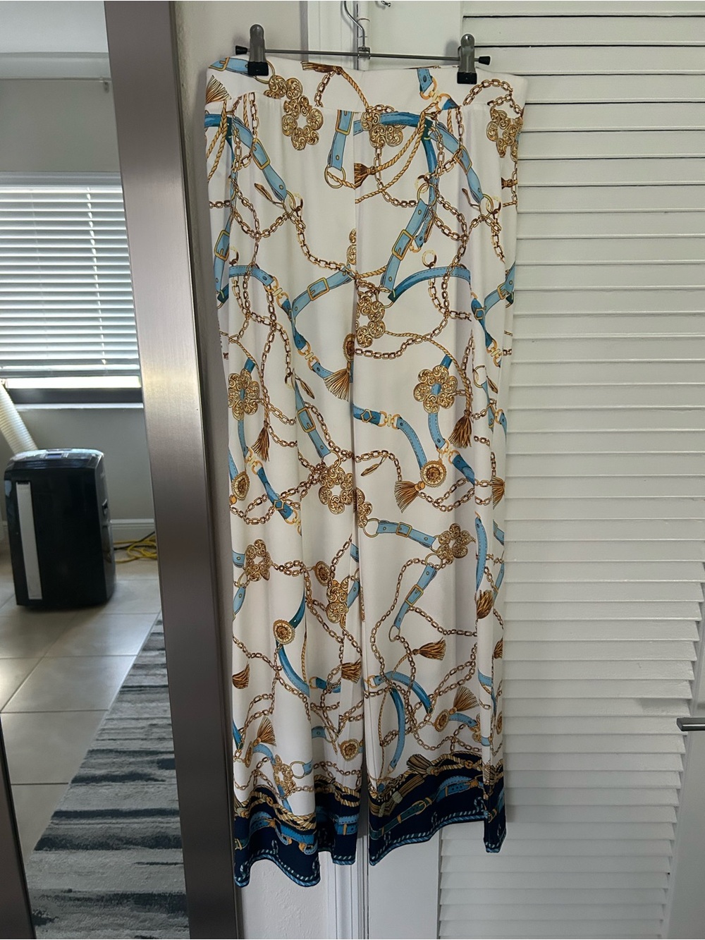 Boston Proper White Pallazo pants with Blue and Gold Chain Print